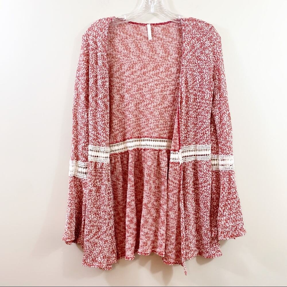 Sage Marled Knit Lace Detail Bell Sleeve Open Cardigan